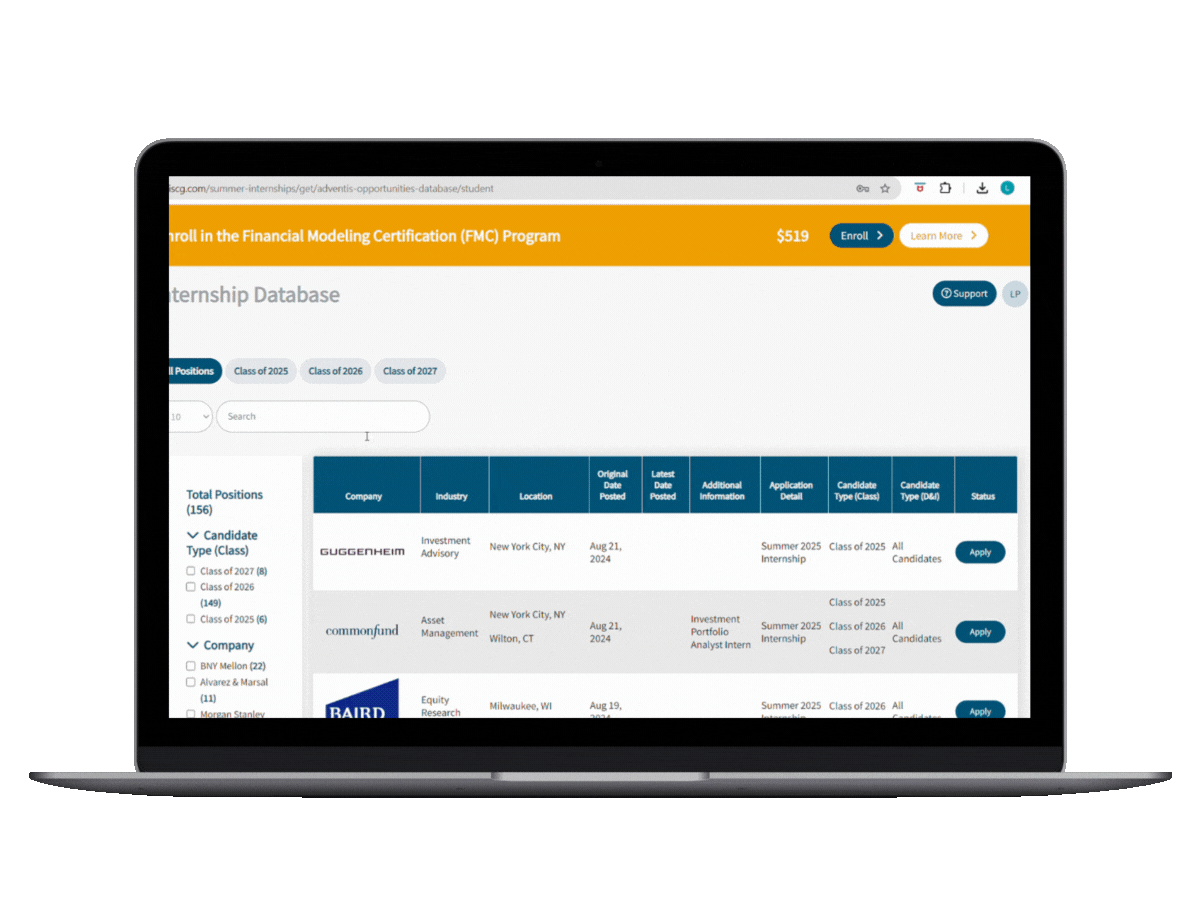 Finance and Investment Banking Internship Database — Adventis Finance
