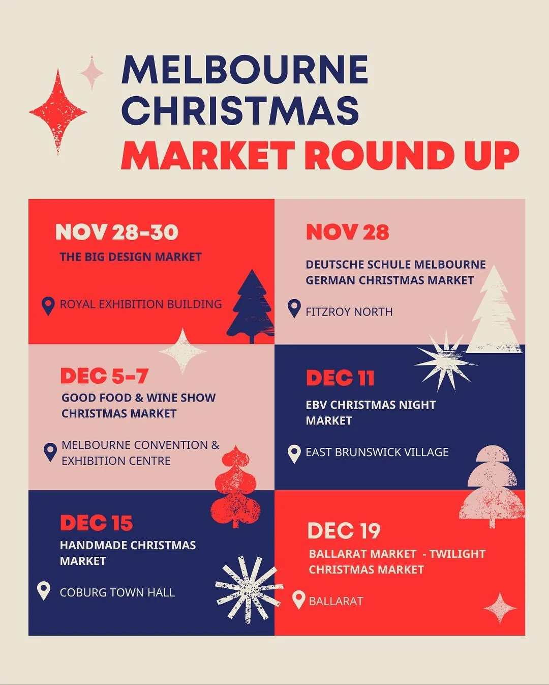🎄✨ Melbourne Christmas Market Round-Up ✨🎄
Get your diaries ready &mdash; we&rsquo;ve gathered the very best festive markets where you can sip, stroll, and shop local this Christmas.

🎁 November 28&ndash;30
The Big Design Market: Food, Wine + Desig