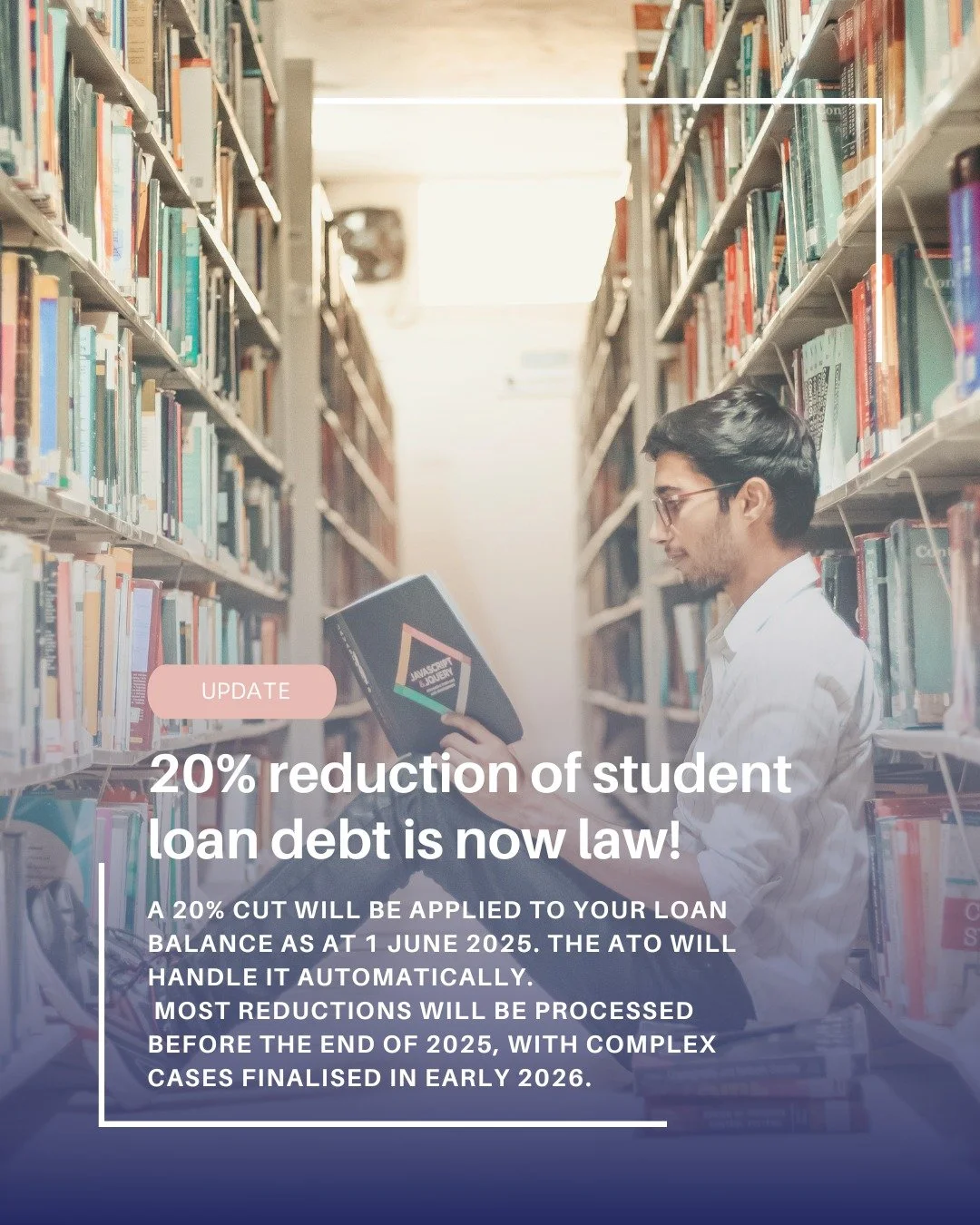 The 20% reduction on all study and training support (HECS etc) loans that existed on 1 June 2025 is now officially law. 🙌
Here&rsquo;s what you need to know:
✨ A 20% cut will be applied to your loan balance as at 1 June 2025 (before indexation).
✨ I