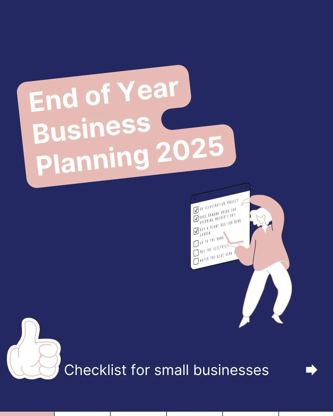 ✨ END-OF-YEAR BUSINESS PLANNING CHECKLIST ✨
Save this for later! 💾

🔍 REVIEW
✔️ Profit &amp; loss
✔️ Outstanding invoices
✔️ Stocktake / inventory
✔️ Cash flow
✔️ Run payroll
✔️ Reconcile accounts
✔️ Set goals for the year ahead

🧹 DATA CLEAN
✔️ T