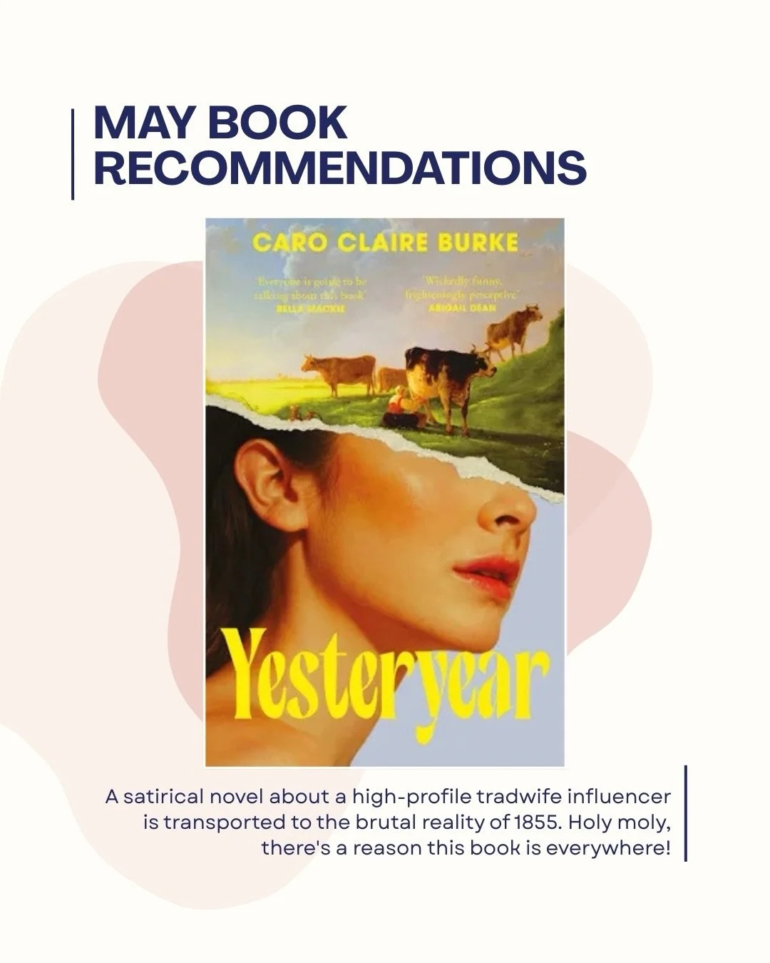 May Book Stack!
Here&rsquo;s what i&rsquo;ve been loving  this month. 

📚 Yesteryear &mdash; Caro Claire Burke
Holy moly, there&rsquo;s a reason this one is EVERYWHERE. A satirical novel about a tradwife influencer who gets transported to the actual