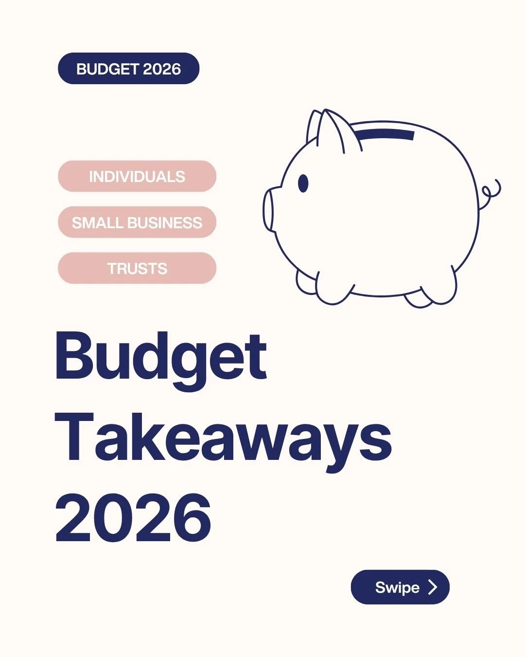 The 2026 Budget dropped right before tax time &mdash; rude! 😅 

Here's what you actually need to know (spoiler: most of it isn't law yet, so don't panic).
Swipe through for the key takeaways on individuals, small business, and trusts.