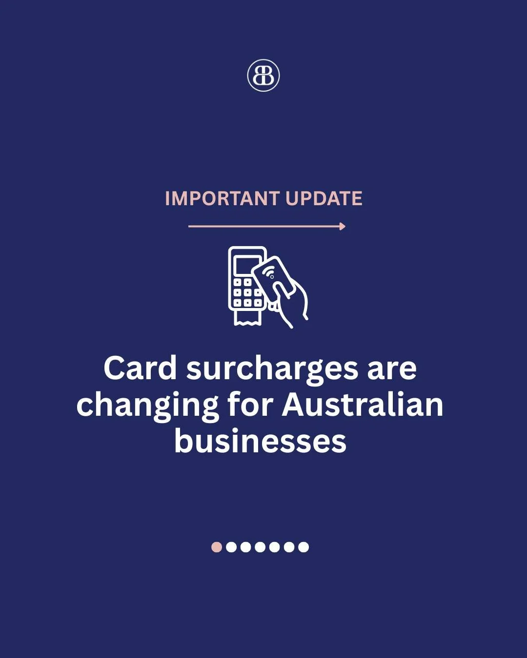 Heads up, small business owners!
Card surcharge rules are changing from 1 October 2026 and it affects almost every business that takes card payments. 

Swipe through to get across the key changes and what to do before the deadline. 

As always, we're