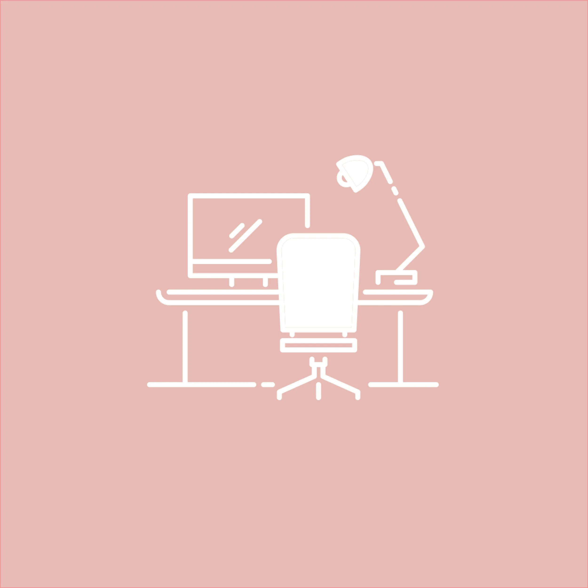 White line drawing of a desk setup with a computer monitor, an office chair, a desk lamp, and a closed book on a soft pink background.