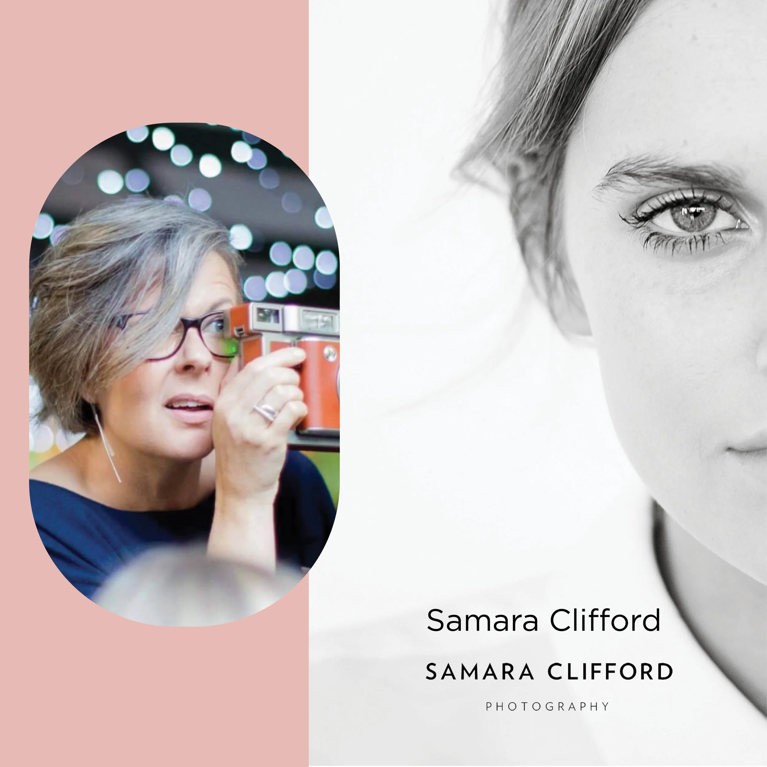 Bookcover featuring a woman's face in black and white on the right, and a woman with short gray hair, glasses, holding a camera in a colorful setting on the left. Text reads "Samara Clifford, Samara Clifford Photography."