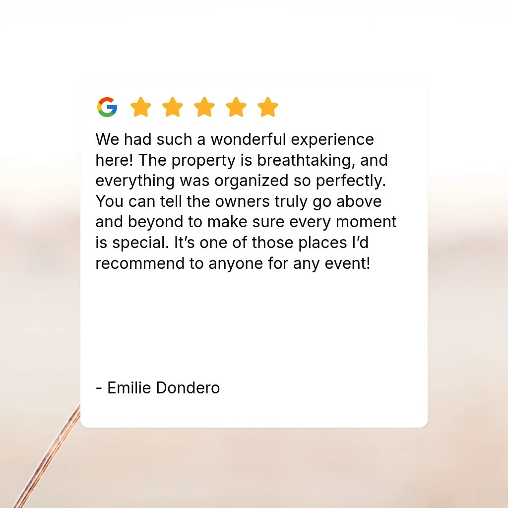 We had such a wonderful experience here! The property is breathtaking, and everything was organized so perfectly. You can tell the owners truly go above and beyond to make sure every moment is special. It&rsquo;s one of those places I&rsquo;d recomme