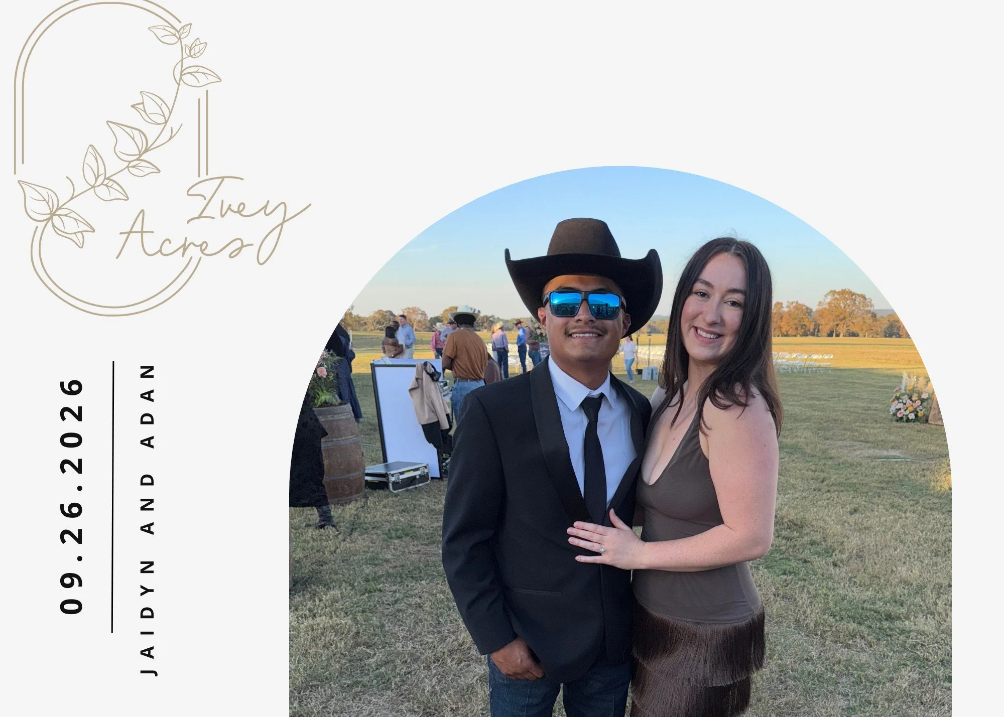 💍 Exciting News! 💍
Jaidyn and Adan are getting married on September 26, 2026 at Ivey Acres! We&rsquo;re so excited and honored to host their special day. ❤️✨