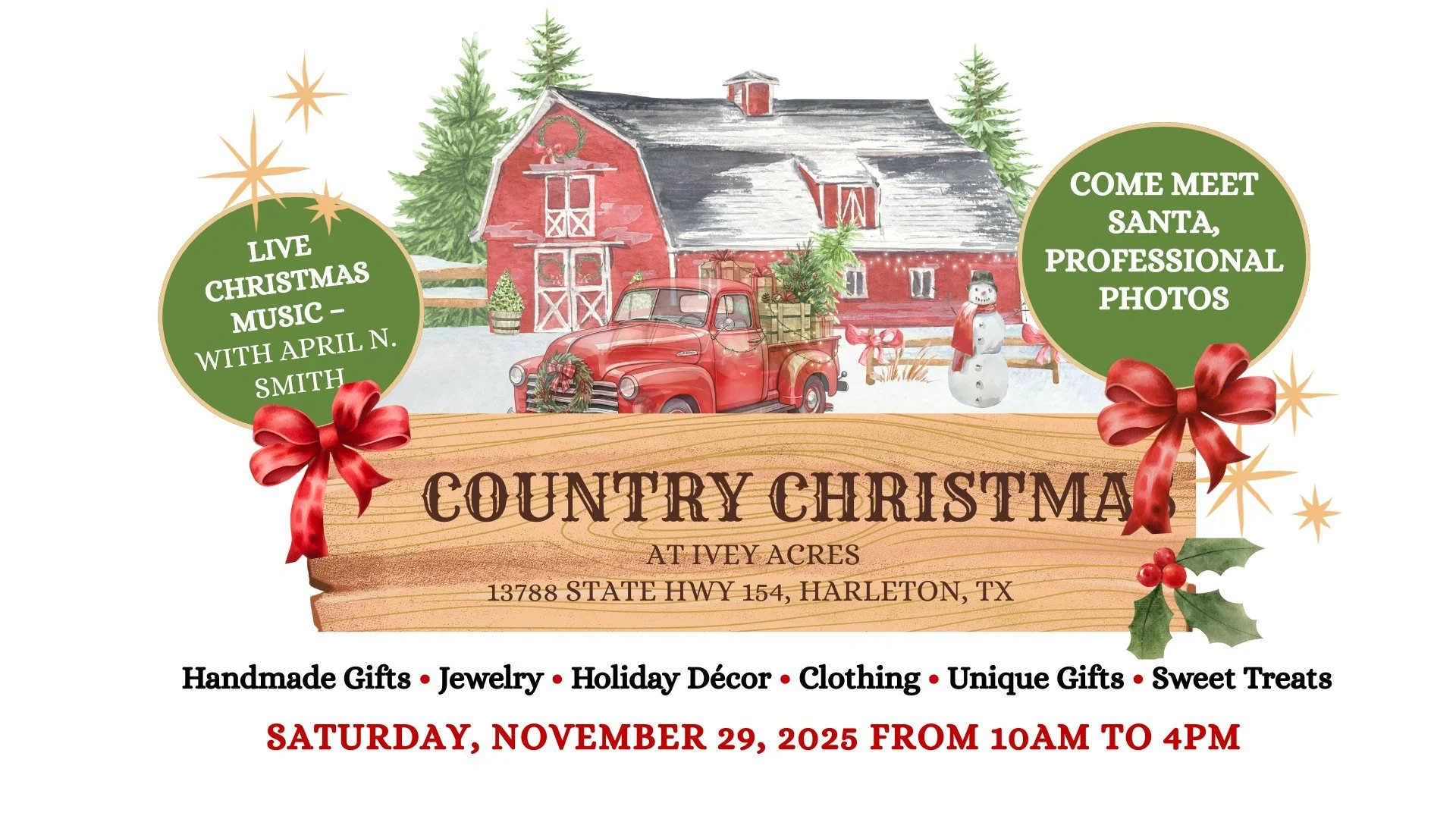 🎄✨ Country Christmas at Ivey Acres! ✨🎄

Join us for a festive day at Ivey Acres, hosted and organized by Marketing with April!
📅 This Saturday, November 29th
⏰ 10:00 AM &ndash; 4:00 PM

Bring the family to see Santa and enjoy shopping with over 60