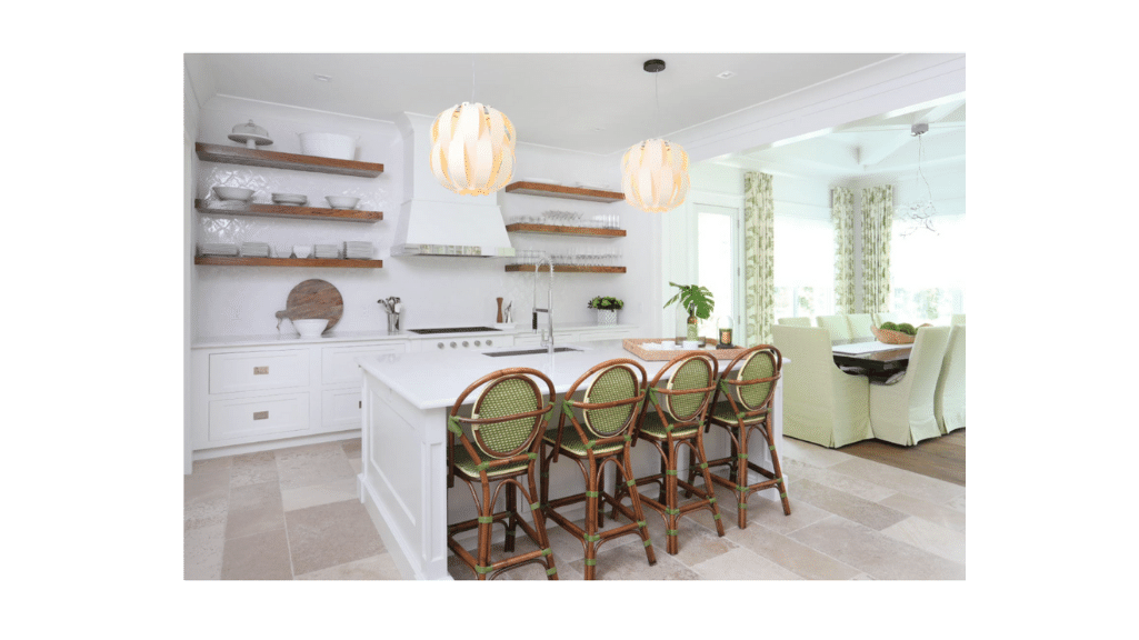 Beautiful green chairs lined up in am elegantly decorated kitchen