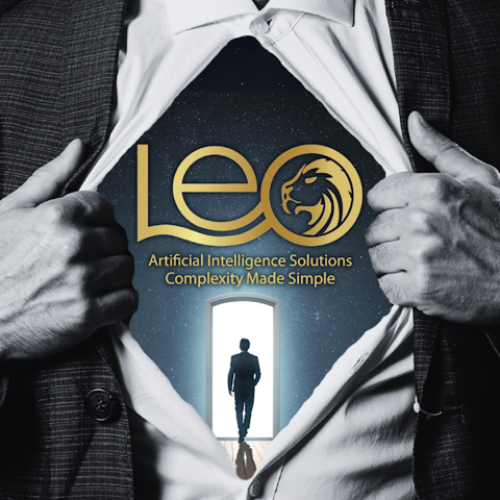 Person opening shirt to reveal logo for Leo, an artificial intelligence solutions company, with a lion's head, and a silhouette of a person walking through an open door in the background.