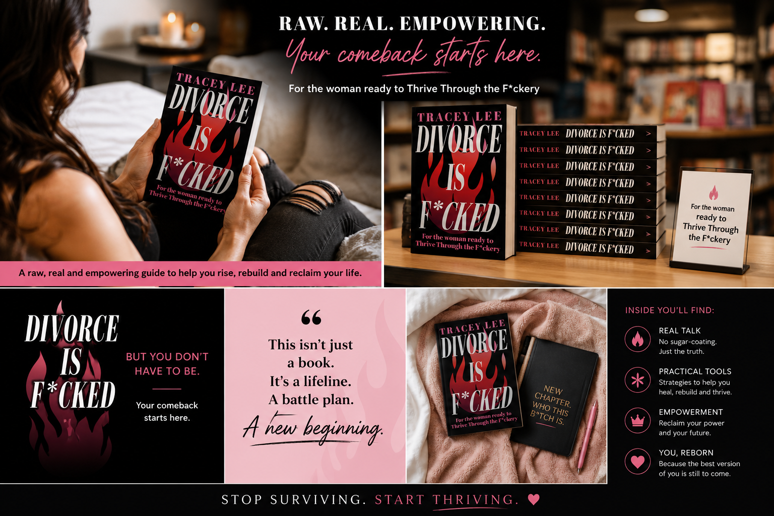 Promotional image for the book "Divorce Is F*cked" by Tracey Lee, featuring the book cover displayed on various surfaces, a woman holding the book, and a list of inside features including real talk, practical tools, empowerment, and rebirth. The background shows a cozy indoor setting with bookshelves and soft lighting.