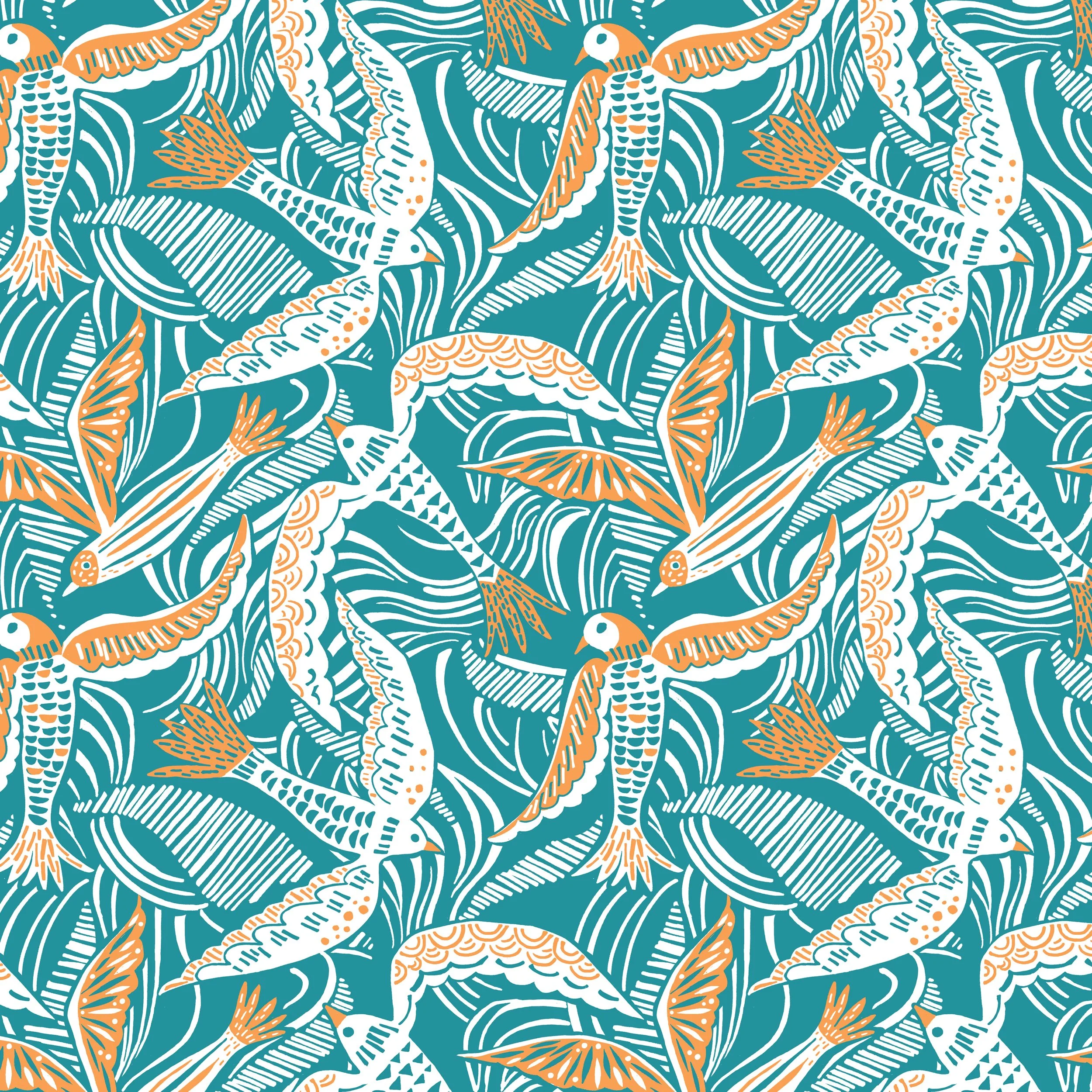 Abstract bird repeating surface pattern called “Summer Skies” with flowing line design by Susie Hunter.