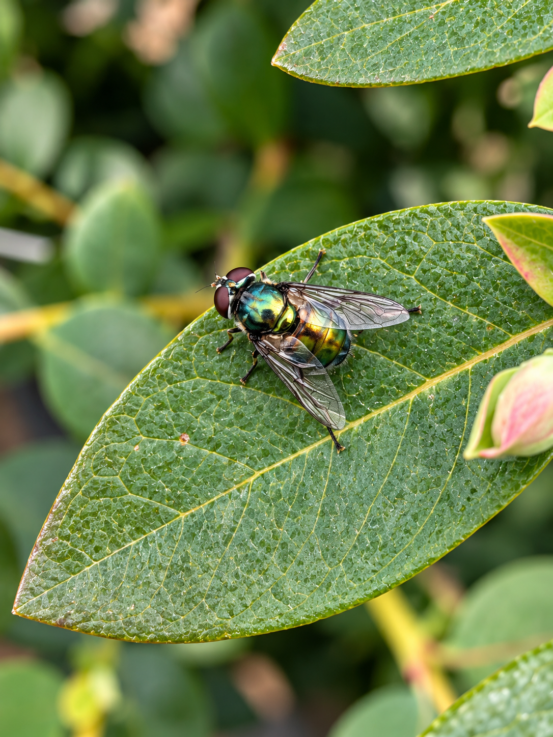 A close-up of a green metallic fly sitting on a large green leaf with a pink flower bud in the background.