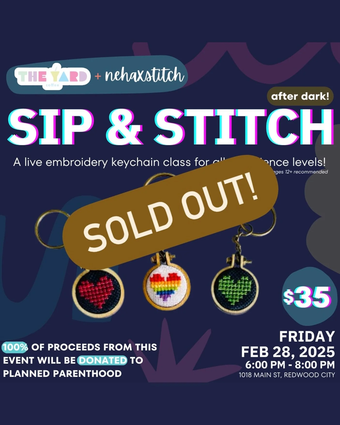 🎉SOLD OUT🎉

Sip &amp; Stitch with @nehaxstitch at @theyardrwc is officially sold out &amp; 100% of proceeds will be going to @ppnorcal - stay tuned for more events in the future! 🪡🧵