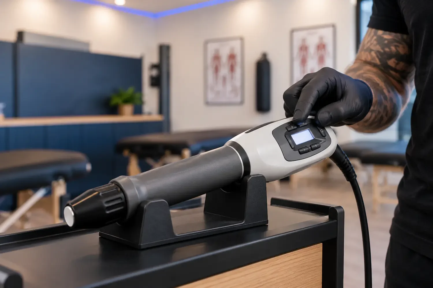 Radial shockwave therapy device with handheld applicator in the Biohack treatment room