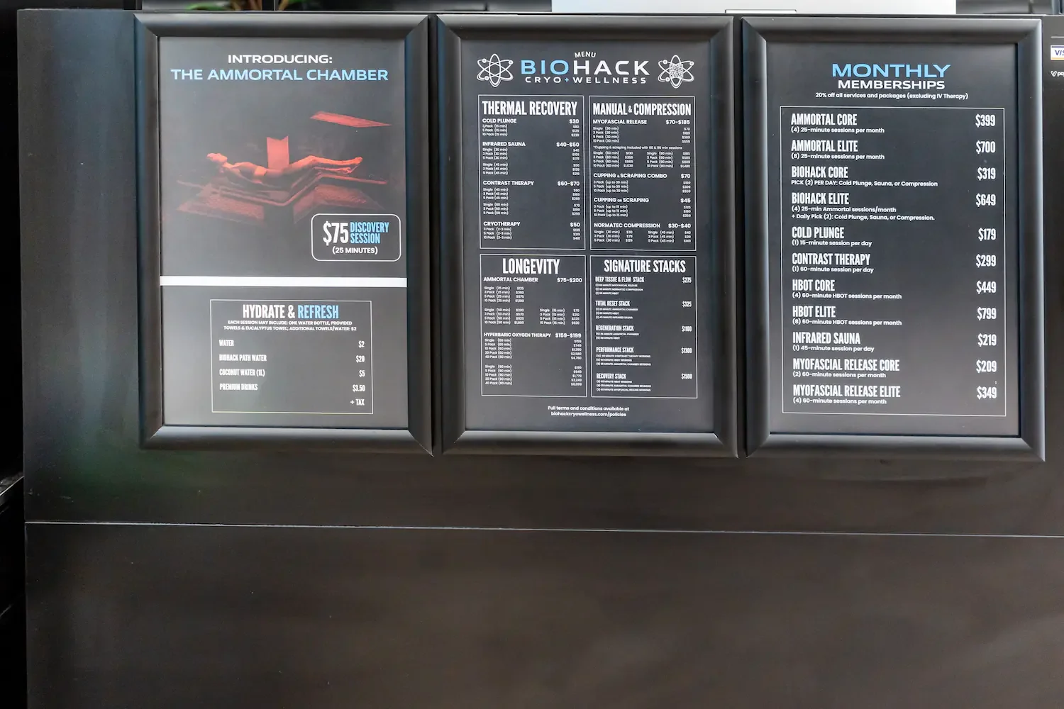 Biohack menu boards with Ammortal Chamber session and membership pricing