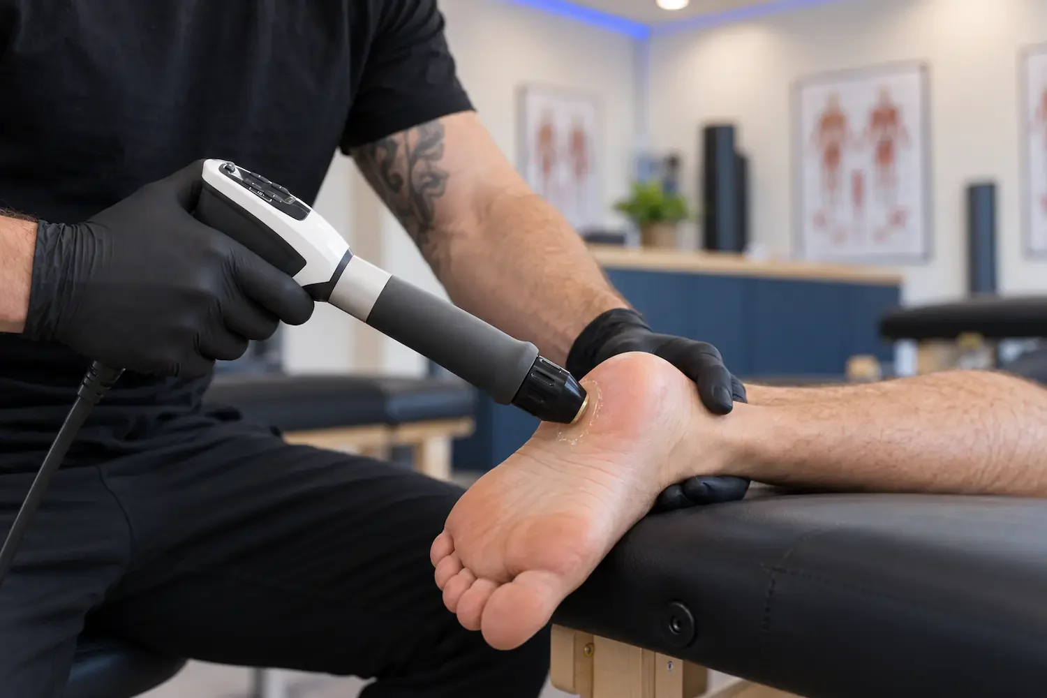 Radial shockwave therapy on the heel for plantar fasciitis at Biohack in Woodland Hills