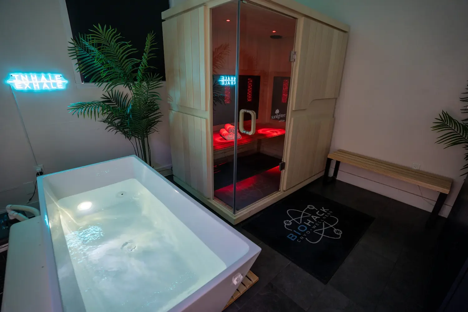 Private contrast therapy room with cold plunge tub and infrared sauna at Biohack in Woodland Hills