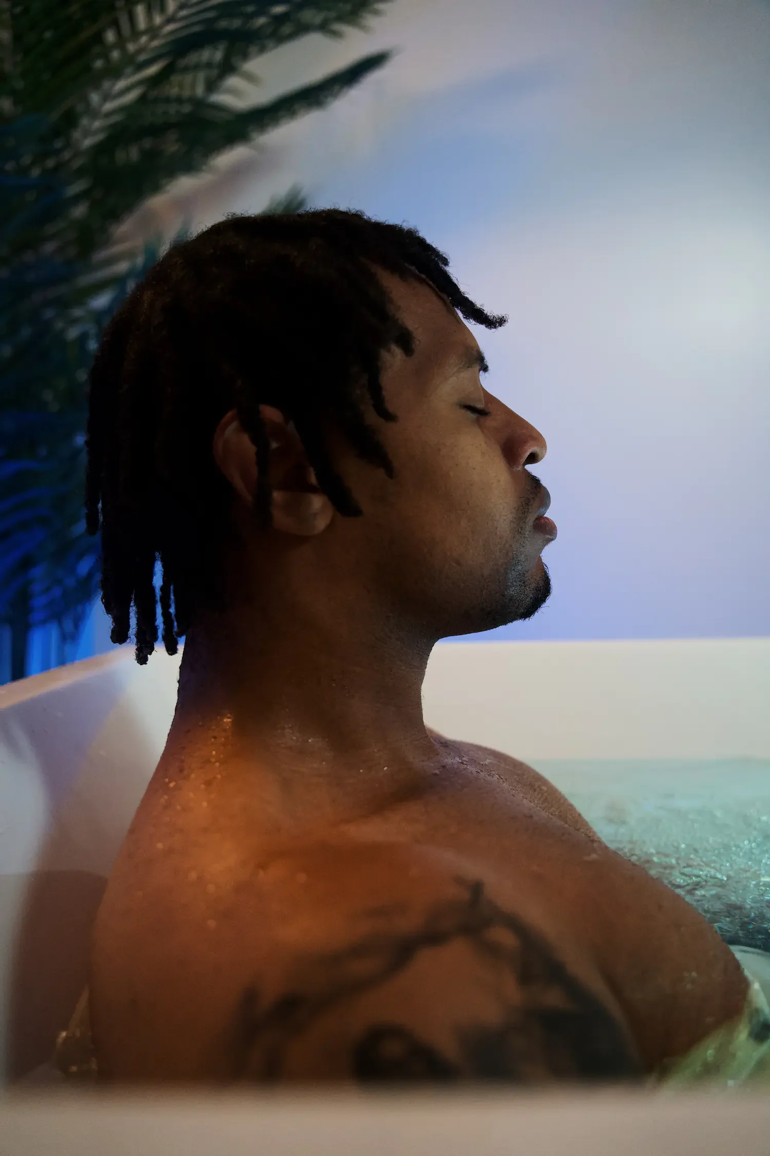 Client relaxing in the cold plunge at Biohack Cryo & Wellness