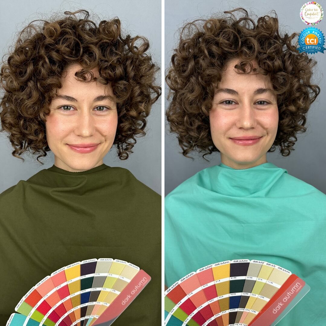 Harmony vs. Disharmony 

This beautiful client has warm-neutral undertones and absolutely shines in colors that are medium to high in chroma and darker value. How gorgeous is her natural hair!! 😍

In the photo on the left she is in harmony with the 