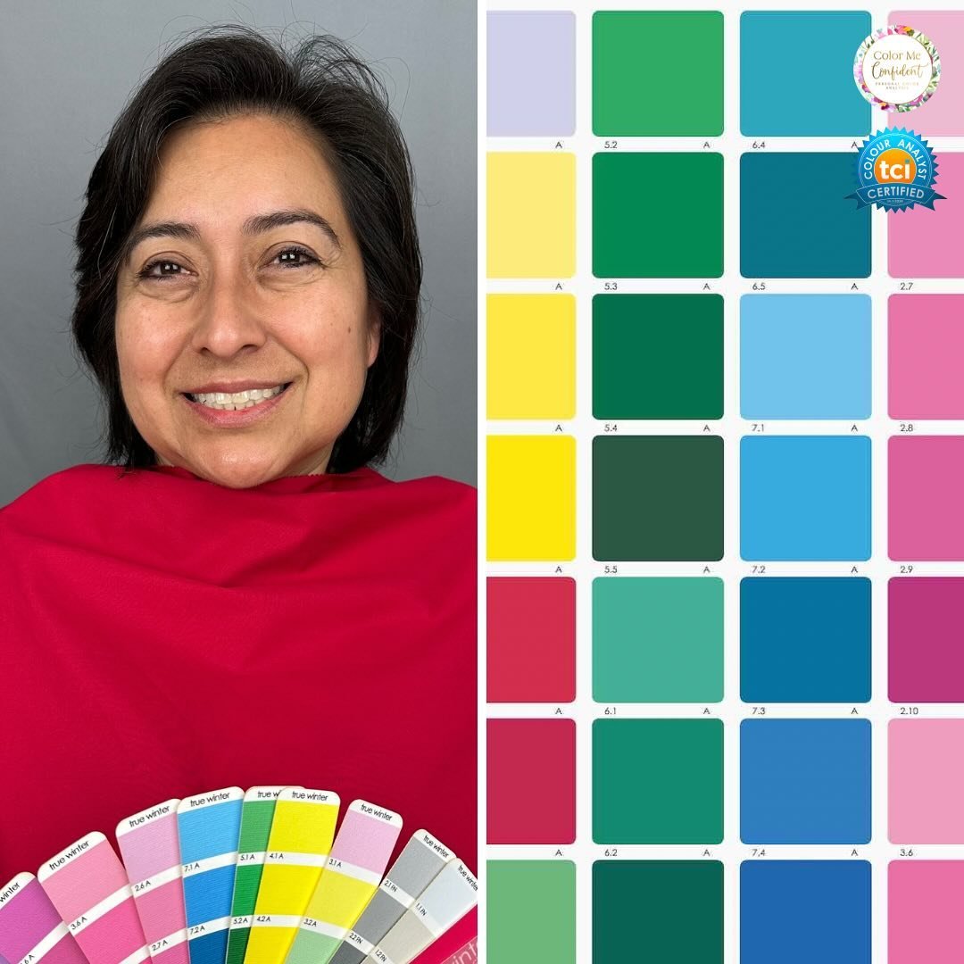 ❄️ True Winter ❄️
Cool, vivid, and striking!

This beautiful client shines in colors that have a cool hue, high chroma, and medium to dark value. ❤️

With the in-depth TCI method we will explore the three dimensions of color (hue, value, chroma) and 