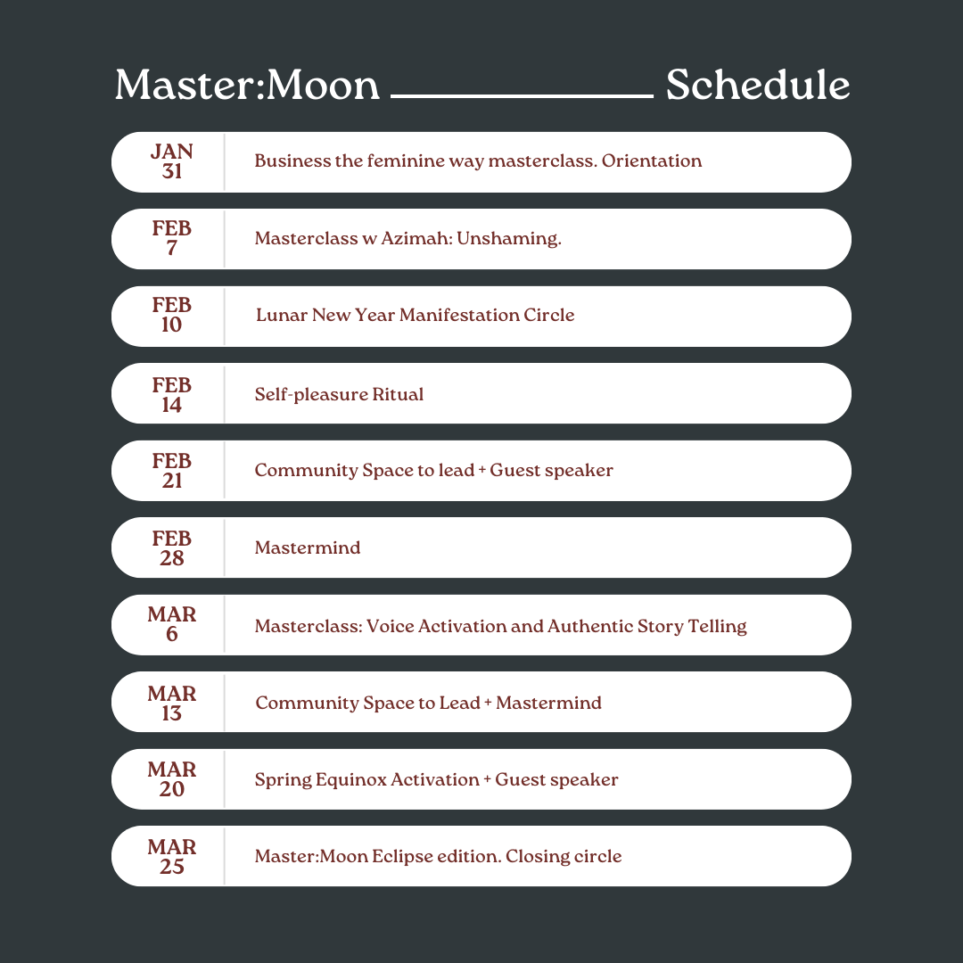 Schedule for Master:Moon events with dates from January to March, including masterclasses, rituals, community space, and closing circle.