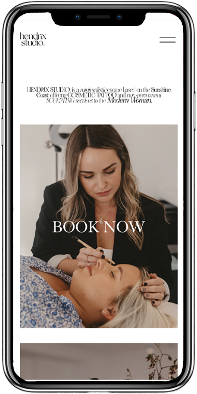 Homepage of Hendrix Studio website showing a woman getting a cosmetic tattoo on a client's eyebrow with the text "BOOK NOW" overlayed.