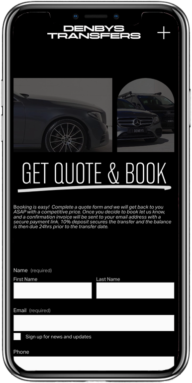 Mobile phone screen showing a website for Denbys Transfers, with images of luxury cars and a form to request a quote and book transfer services.
