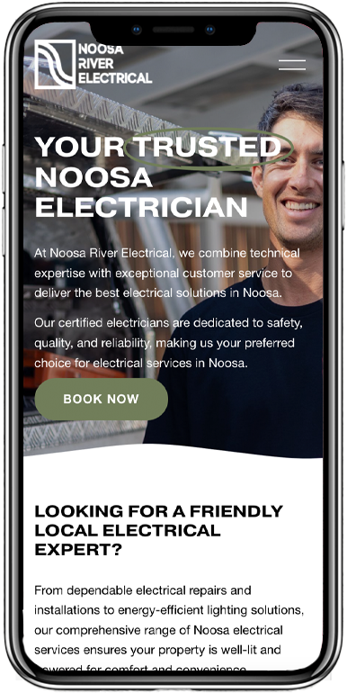 A smartphone displaying the Noosa River Electrical website, featuring a smiling technician and text about their electrical services and contact options.