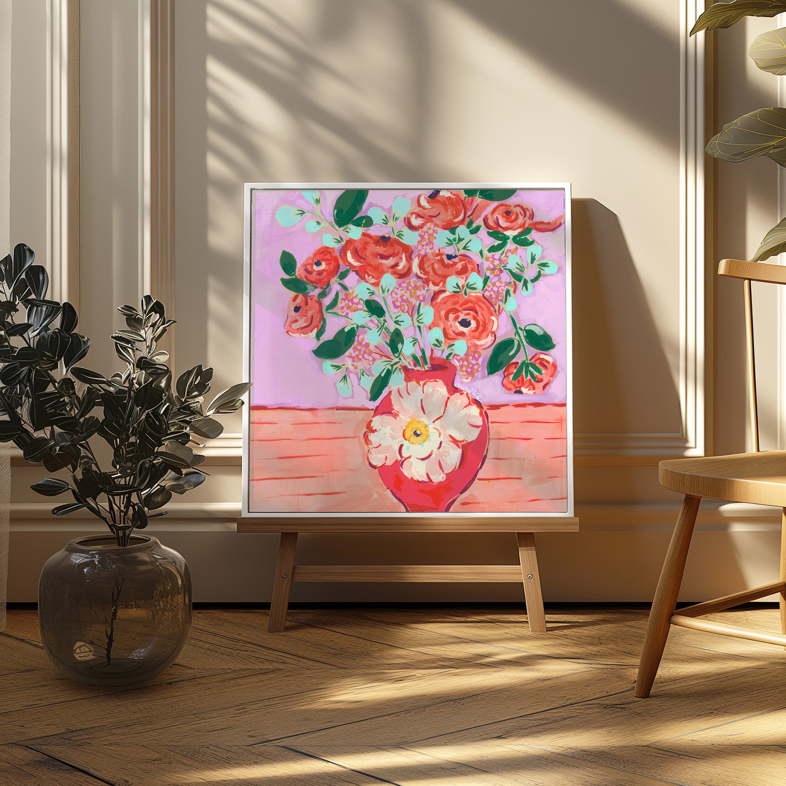 Vibrant orange ranunculus bouquet with mint-green foliage against lavender background. Lovely red vase with its delicate white flower accent. A mix of spring's fresh energy with sophistication.