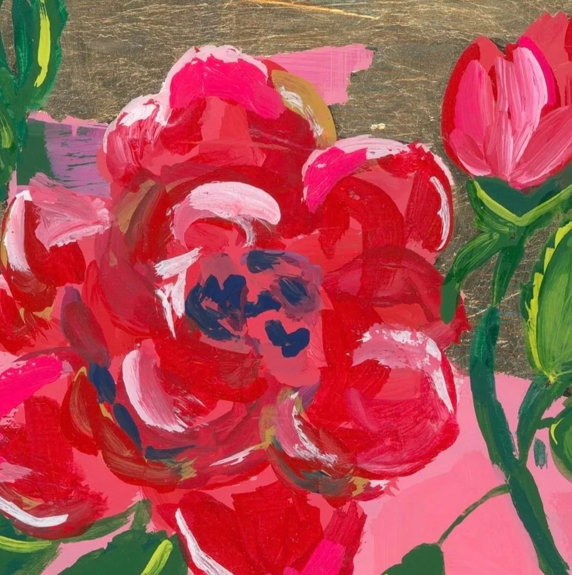 Fine art giclΓ©e print of a large red-pink rose flower and bud with dark blue center, accompanied by green foliage against gold leafing and pink abstract background.