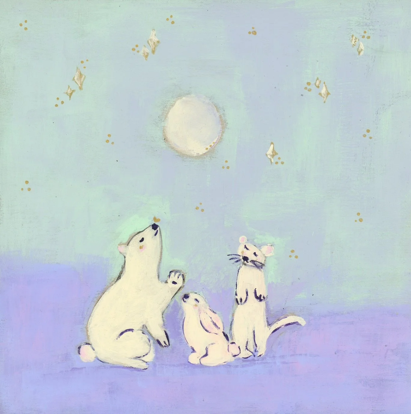 Bear, bunny, and mink in peaceful communion under December 2025's Supermoon. Mini-series celebrating animals' connection to celestial elements.