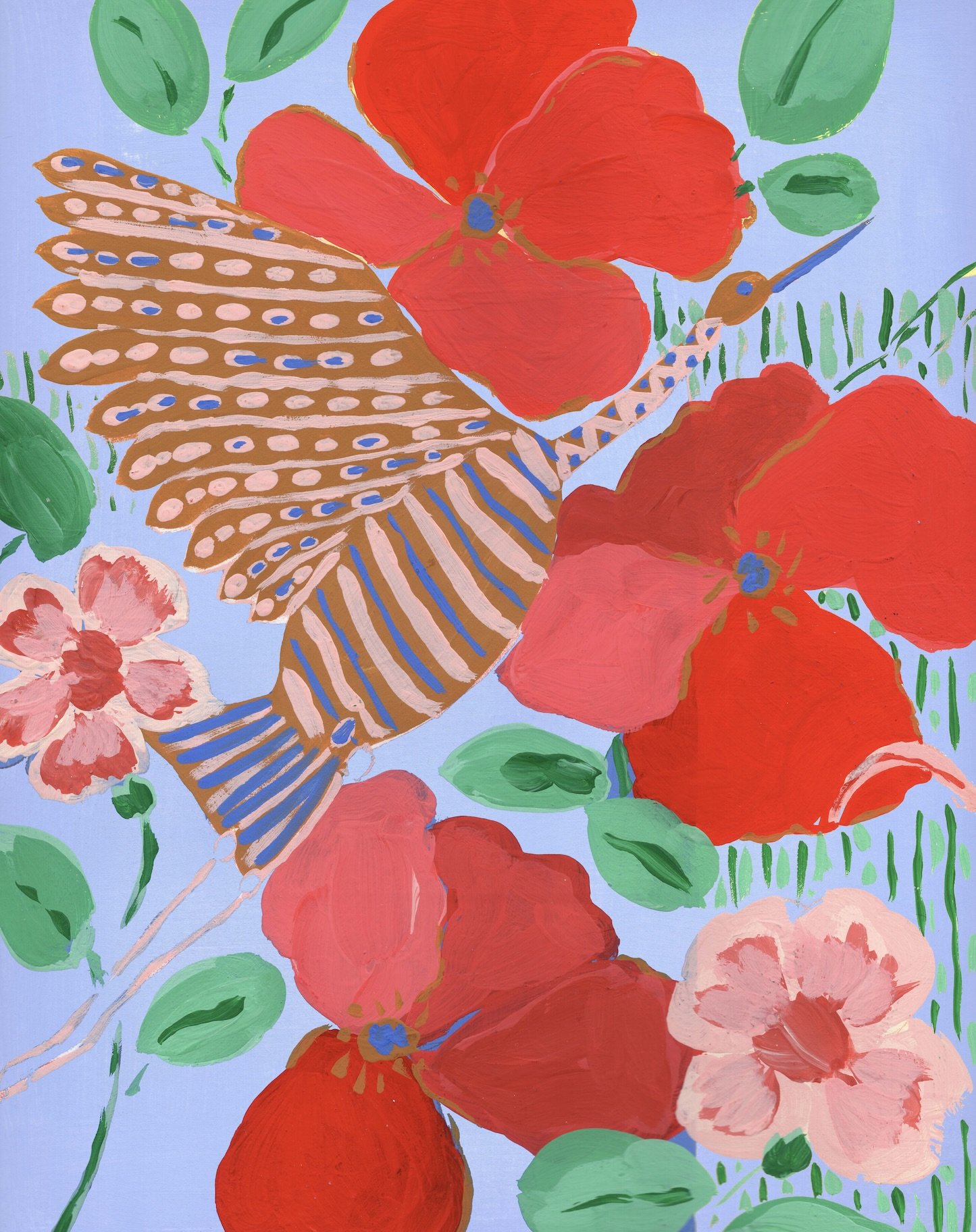 Fine Art Print, Tropical Bird flying, wild hibiscus and poppies, Vibrant tropical scene