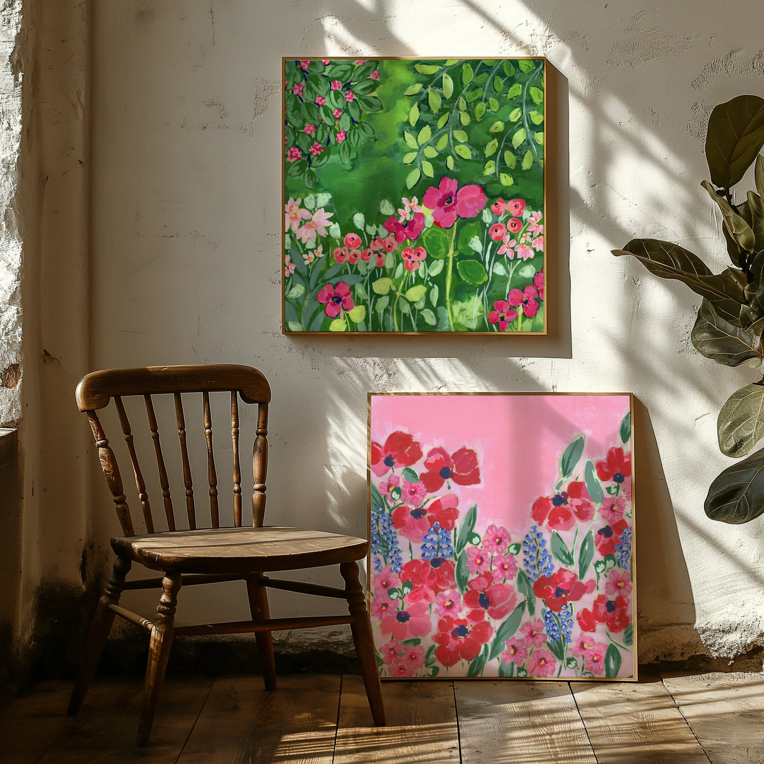 Fine art print with vibrant red and pink poppies, blue delphinium spikes, and cosmos flowers against a soft rose-colored background, inspired by Monet's Giverny garden.