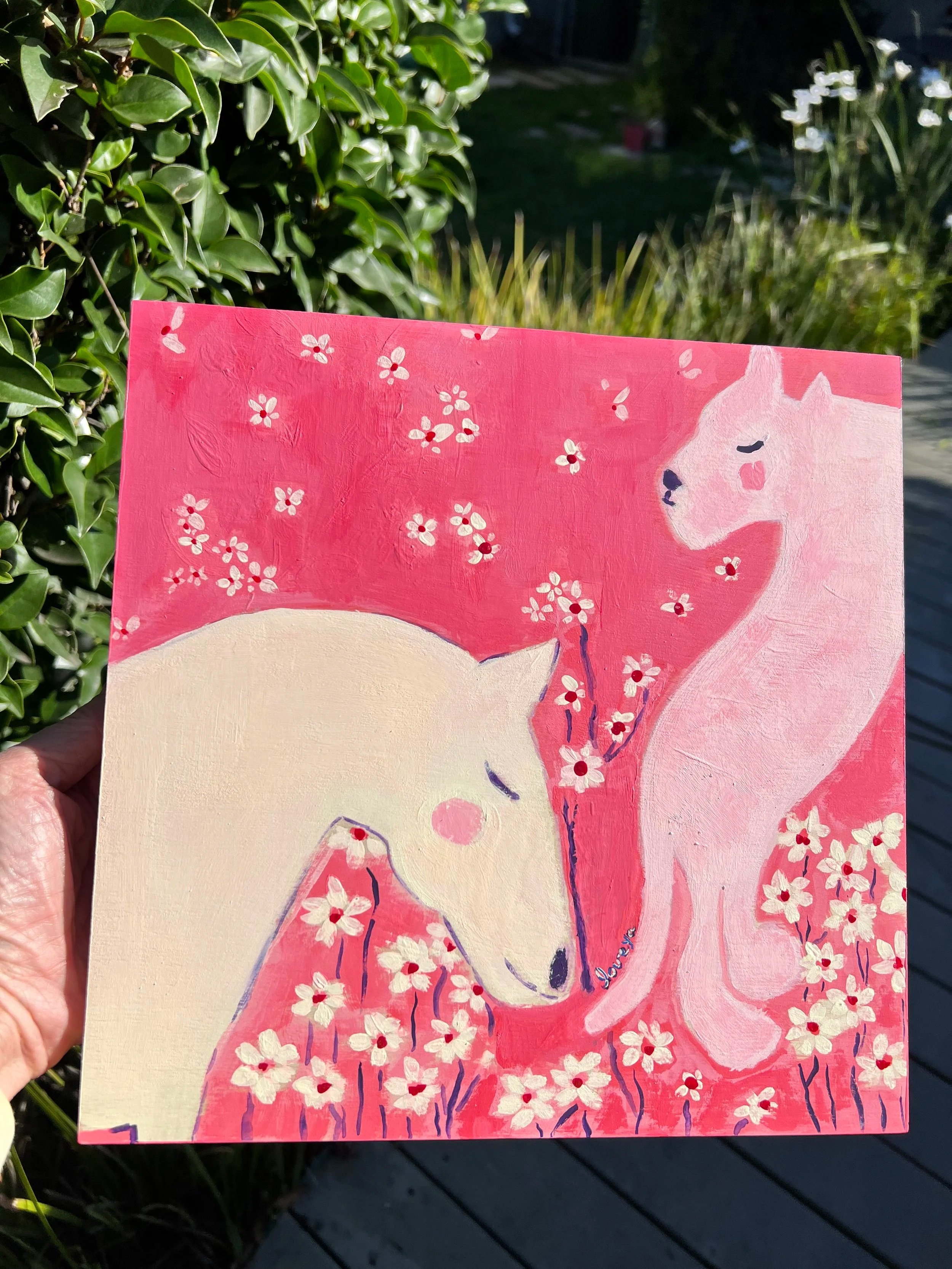 Love Ya. Original artwork. A white horse and pink tiger embracing floating white flowers. Created for the Lunar New Year to celebrate love's ability to transcend all boundaries.