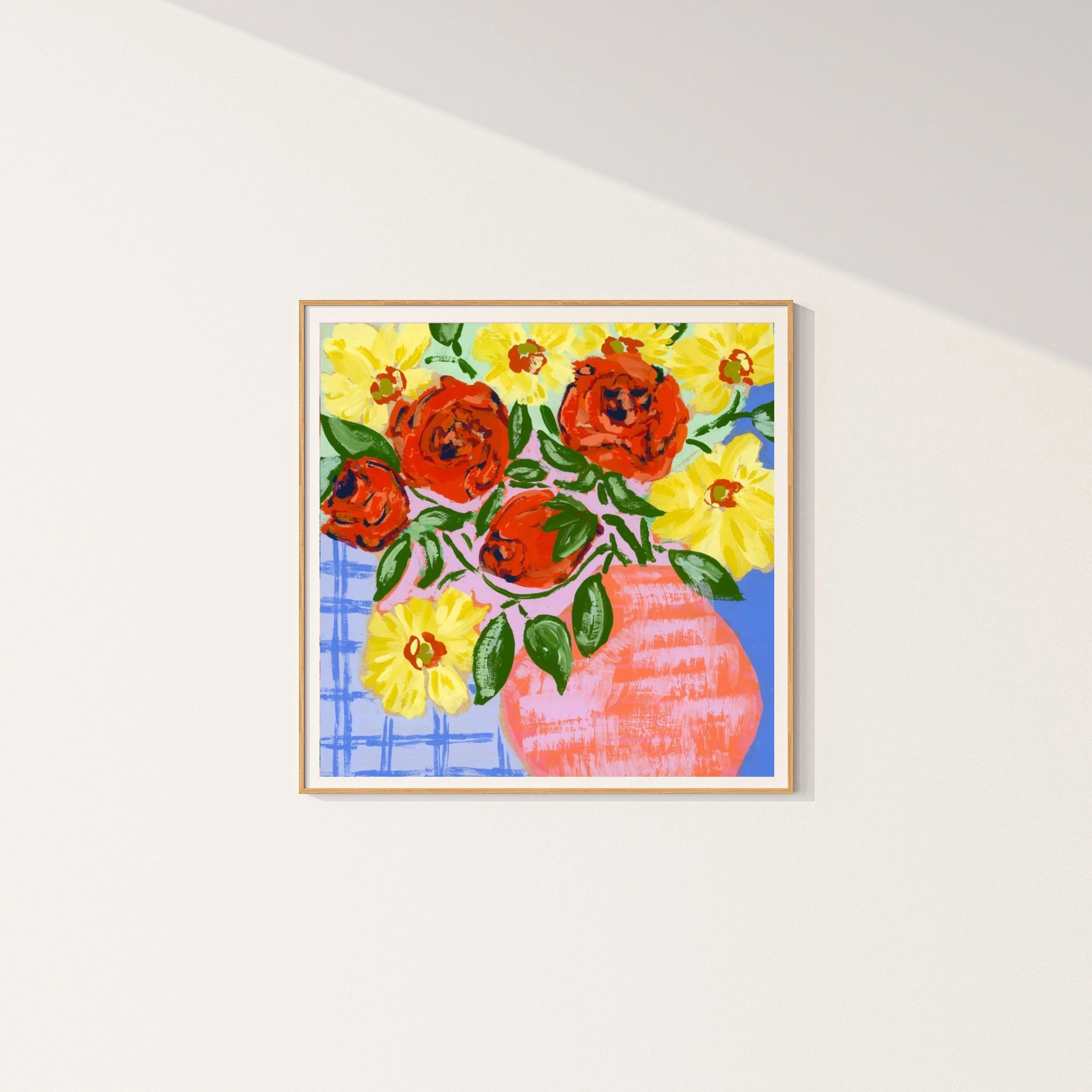Fine art print of gouache painting of my weekly bouquet featuring bold orange roses and bright yellow ranunculus on an abstract and colorful background.