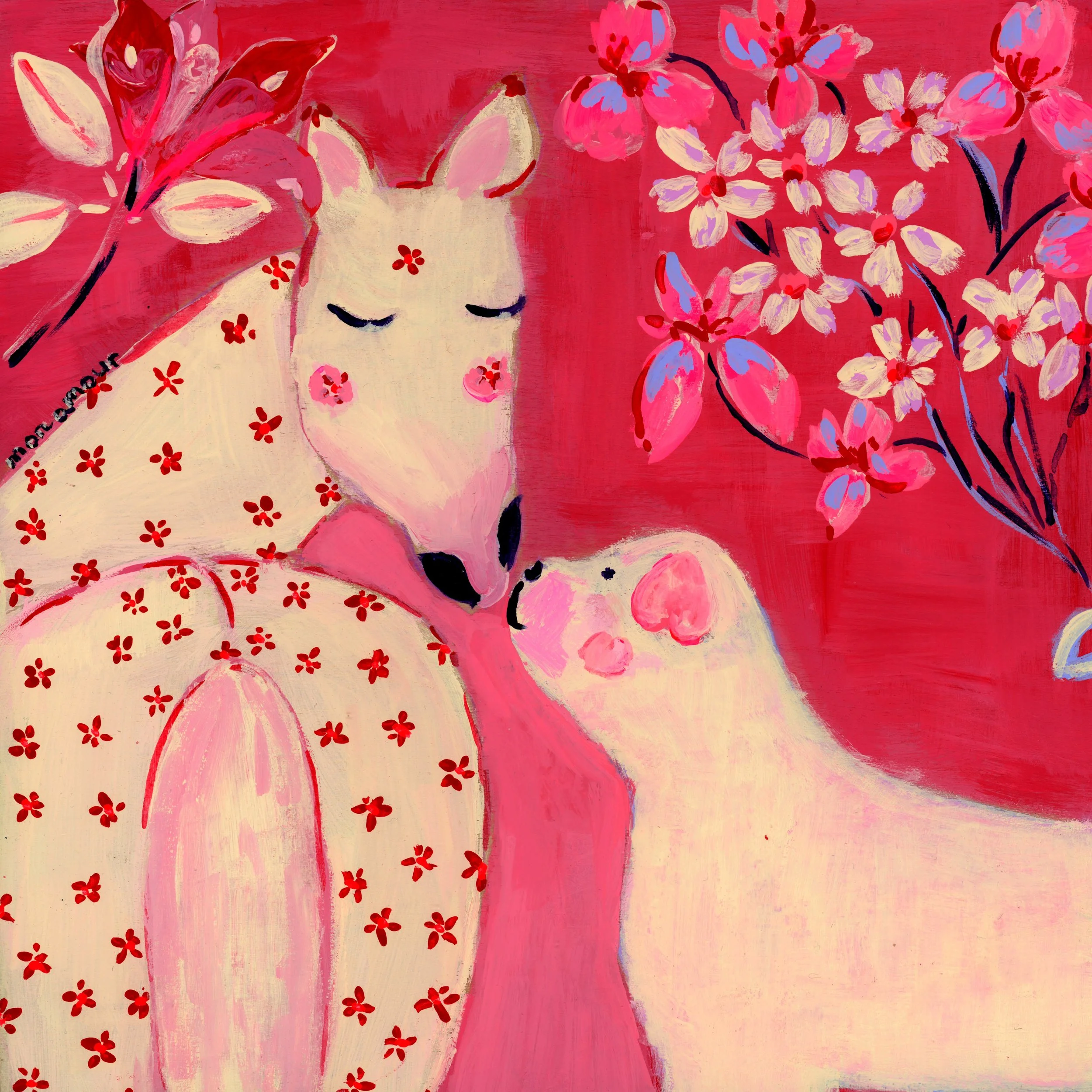 Mon amour. fine art print. A white horse and sweet dog embracing floating flowers. Created for the Lunar New Year to celebrate love's ability to transcend all boundaries.