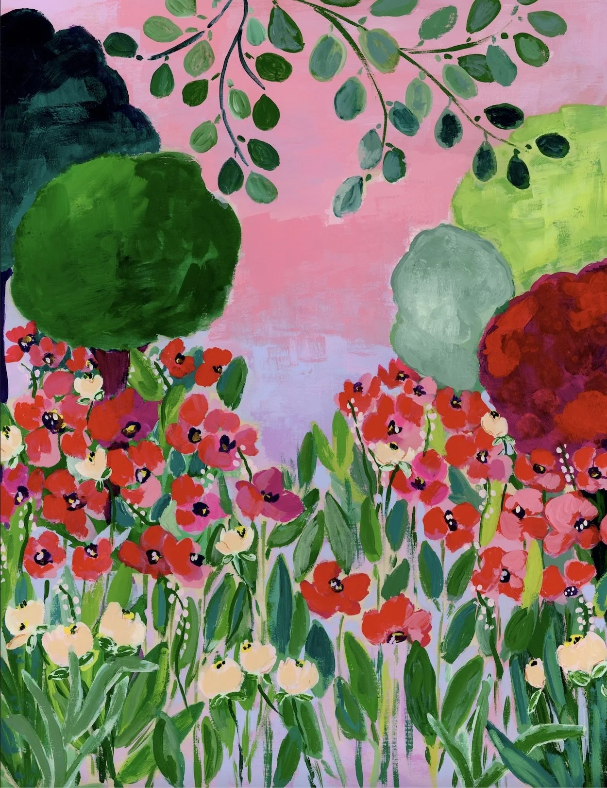 Vibrant painting capturing the enchanting beauty of Claude Monet's garden in Giverny, where brilliant red poppies bloom beneath graceful branches against a dreamy pink sky.