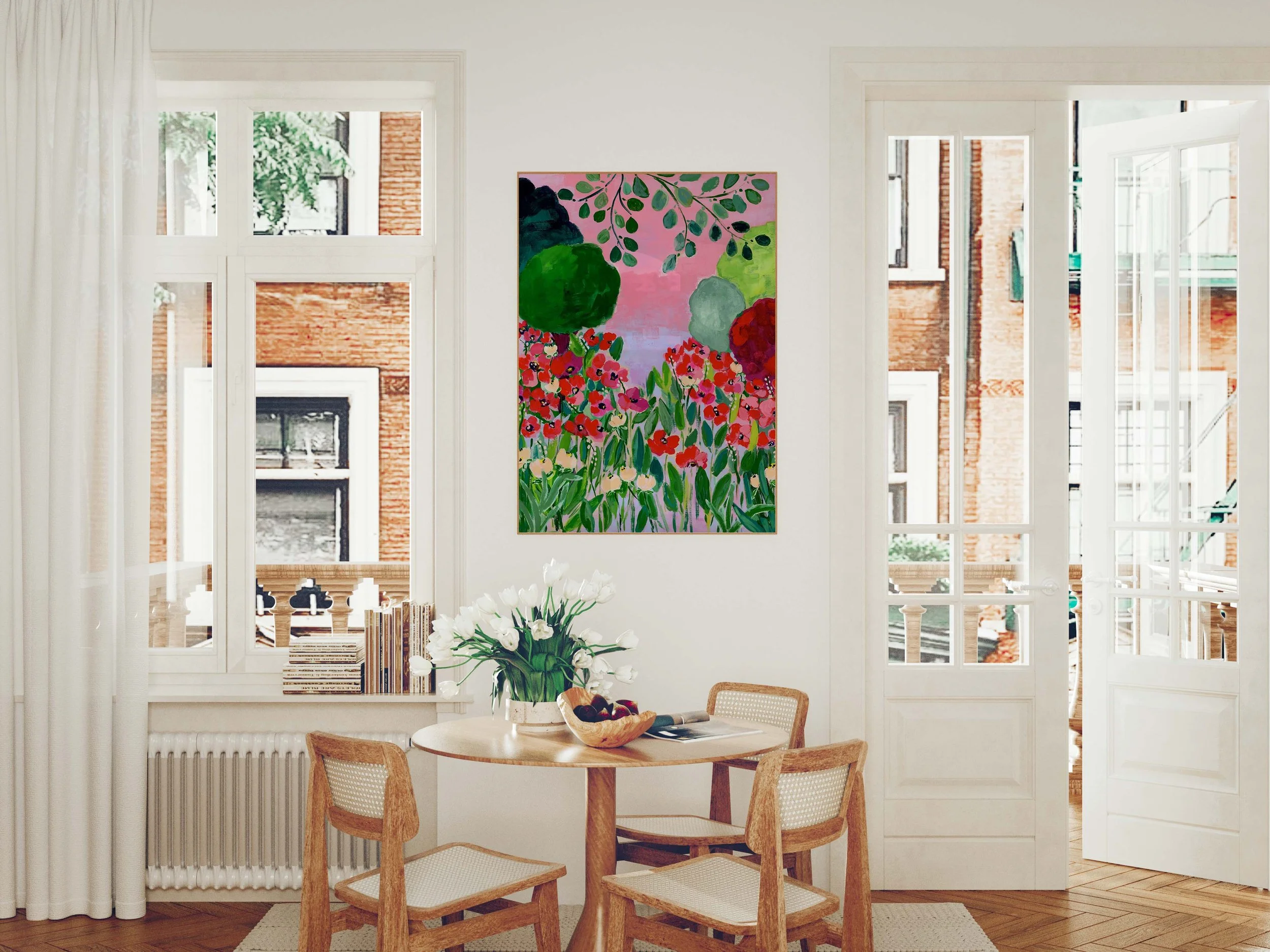 Vibrant art print capturing the enchanting beauty of Claude Monet's garden in Giverny, where brilliant red poppies bloom beneath graceful branches against a dreamy pink sky.
