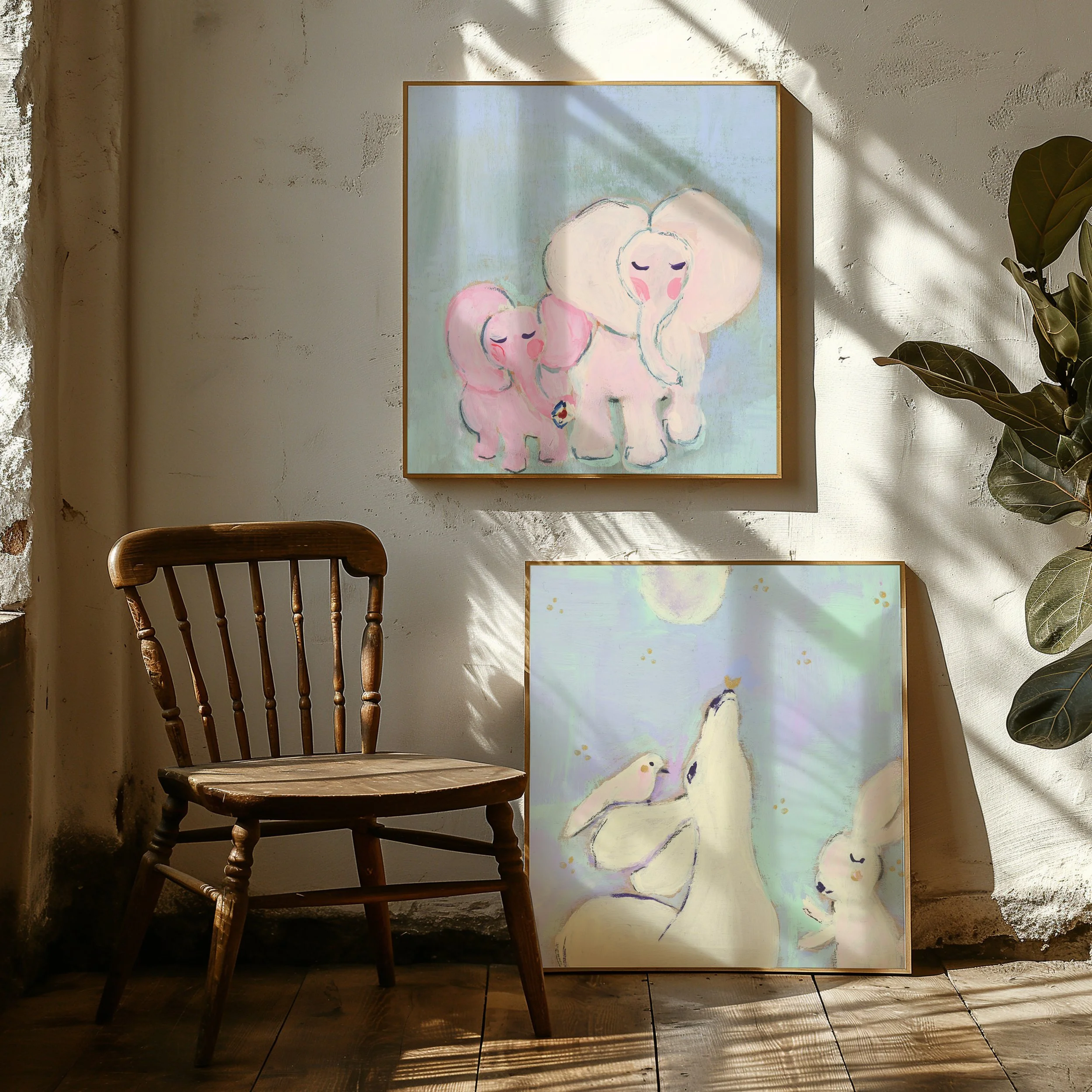 Duo of fine Art Print ideal for nursery. Each print depicts soft hue artwork, bringing peace and softness to your interior.