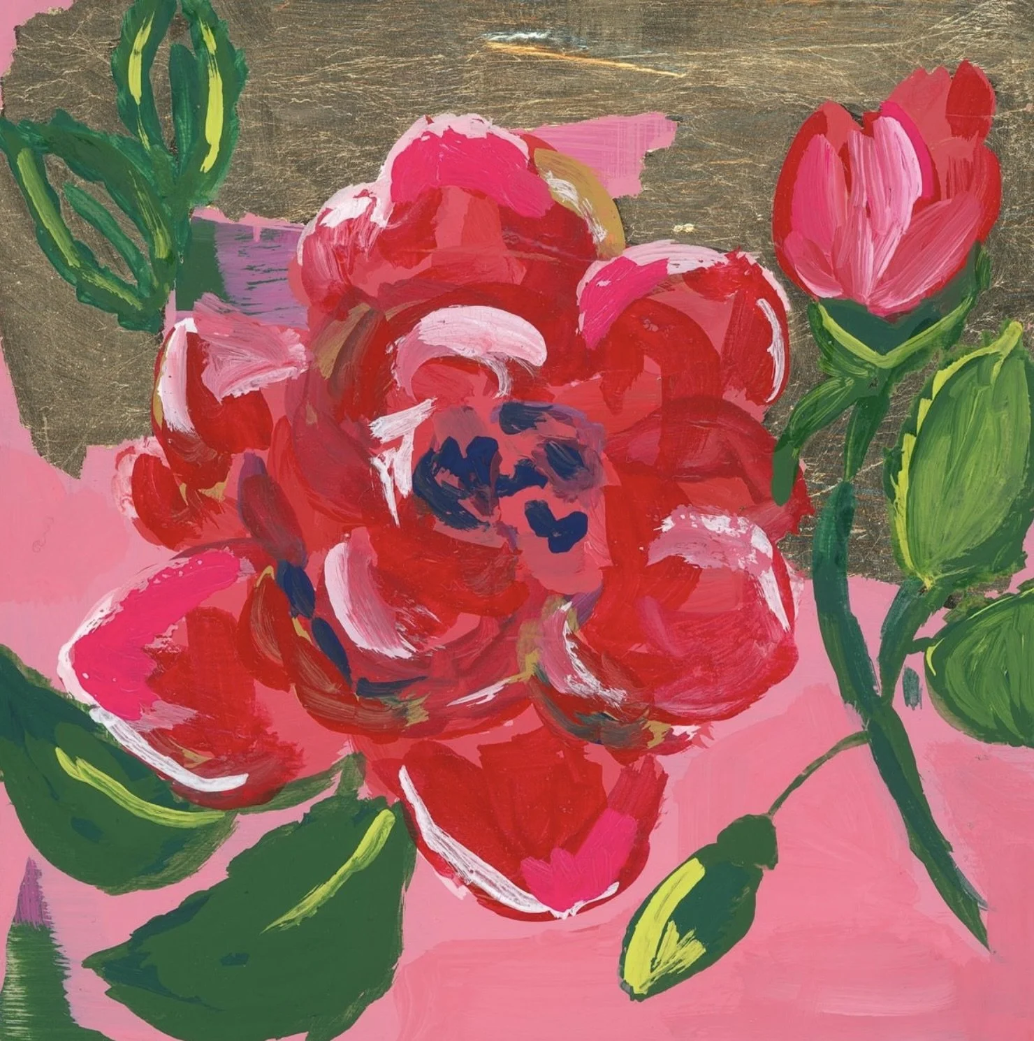 Fine art giclΓ©e print of a large red-pink rose flower and bud with dark blue center, accompanied by green foliage against gold leafing and pink abstract background.