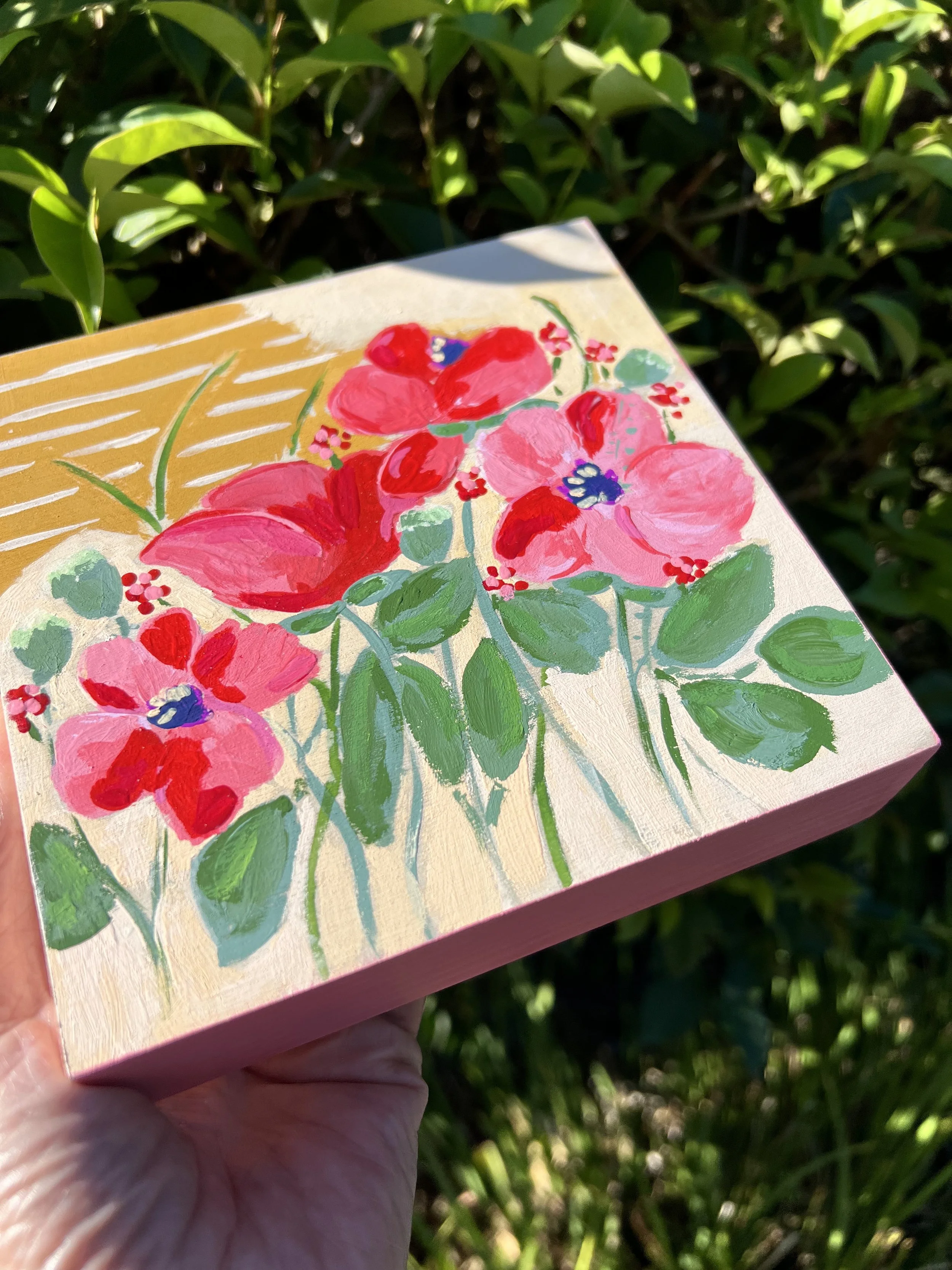 Original floral painting inspired by Claude Monet's Giverny garden, featuring vibrant coral and pink poppies with deep purple centers.