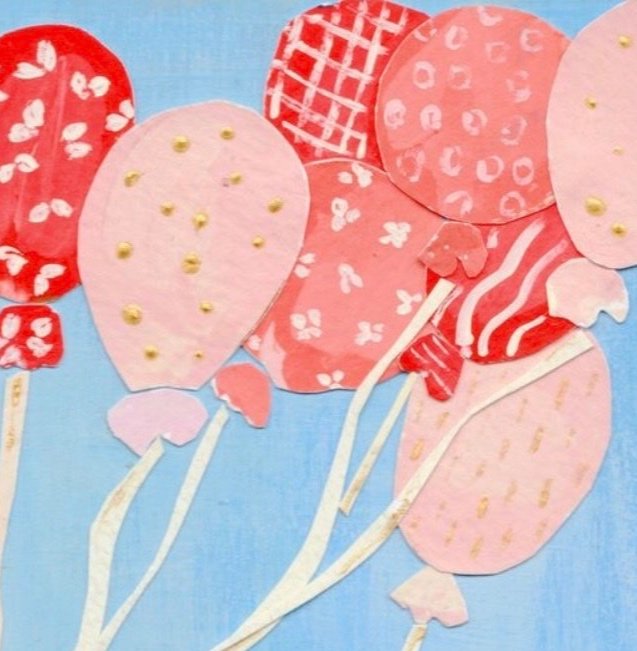 Balloon Party - Fine Art Print, collage of a young girl with a crown and bouquet of patterned balloons. Created sustainably from repurposed materials by artist Aurelie Brown.