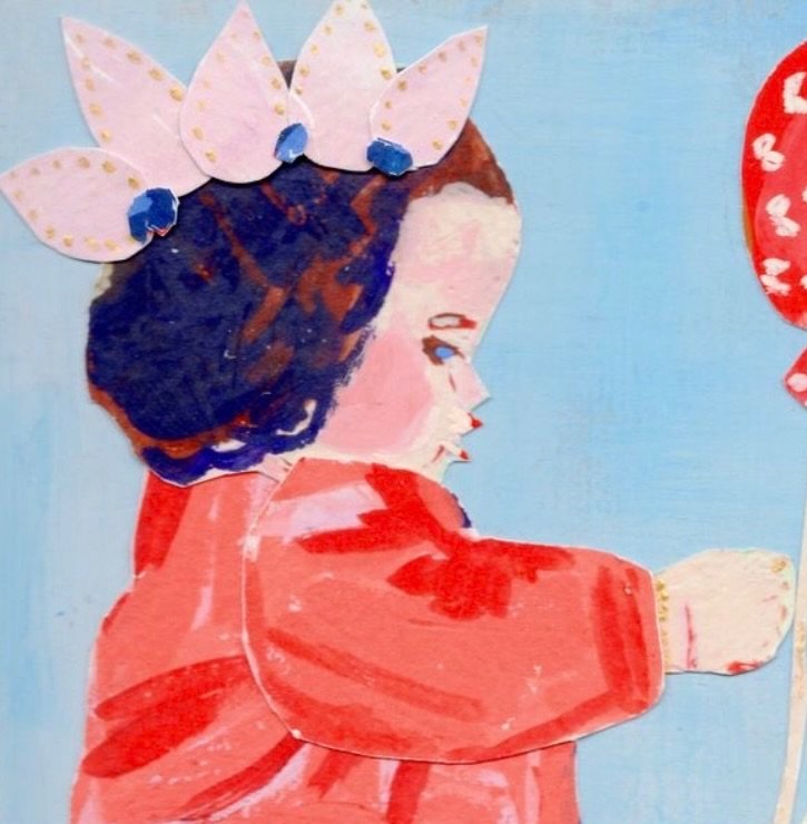 Balloon Party - Fine Art Print, collage of a young girl with a crown and bouquet of patterned balloons. Created sustainably from repurposed materials by artist Aurelie Brown.