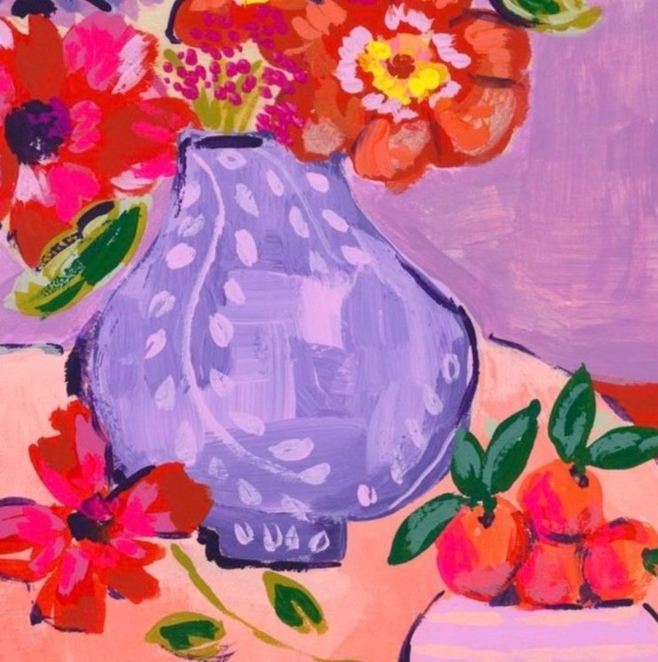 Still life artwork. Delicate purple vase with large bouquet, pink orange, purple flowers and small bowl of oranges. All on a round table.