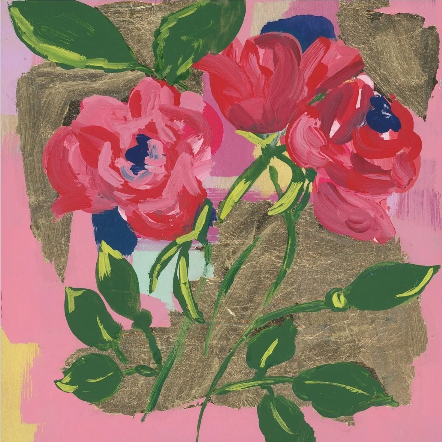 Fine art giclΓ©e print of a large red-pink rose flower and bud with dark blue center, accompanied by green foliage against gold leafing and pink abstract background.