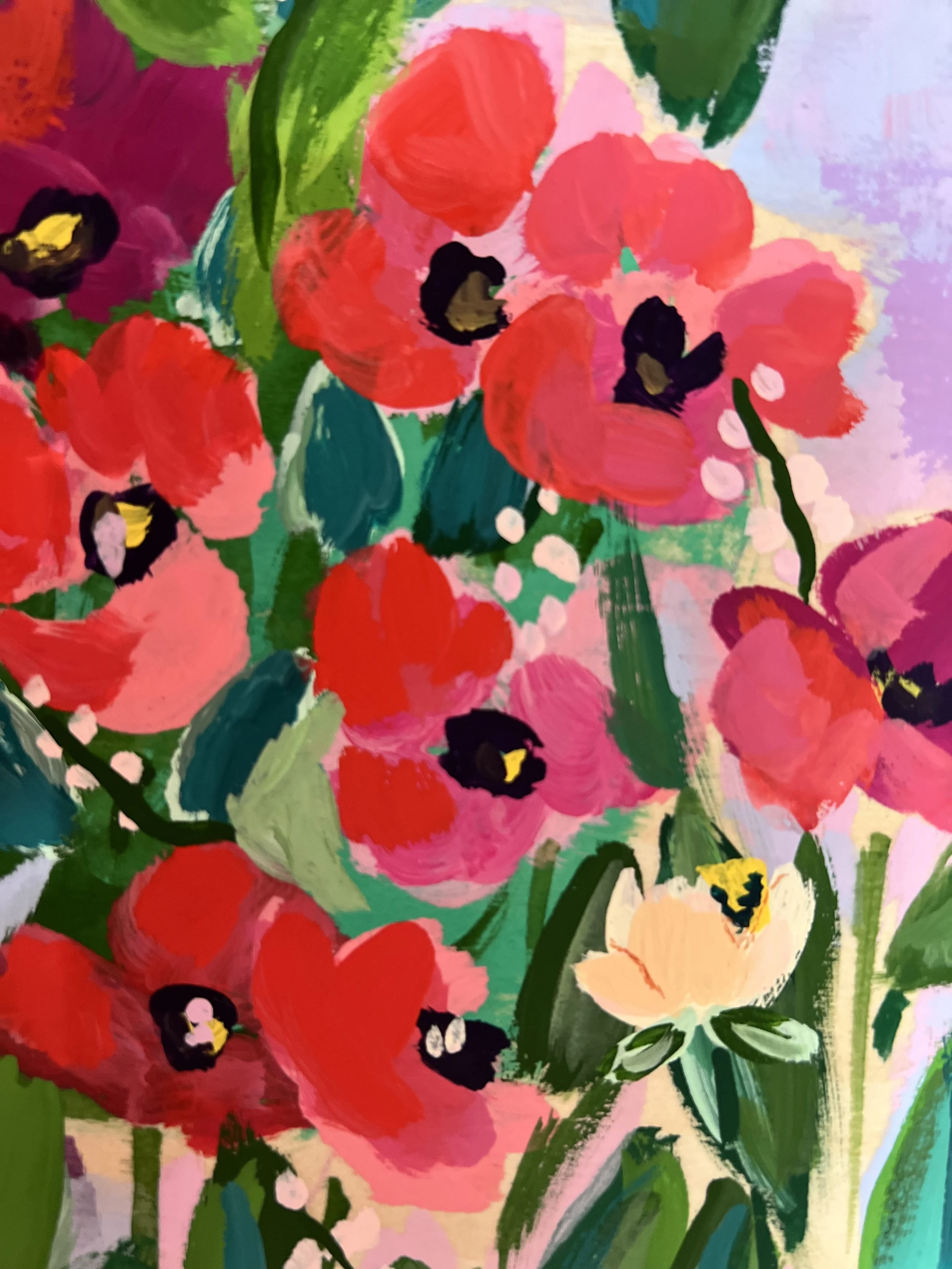 Vibrant painting capturing the enchanting beauty of Claude Monet's garden in Giverny, where brilliant red poppies bloom beneath graceful branches against a dreamy pink sky.