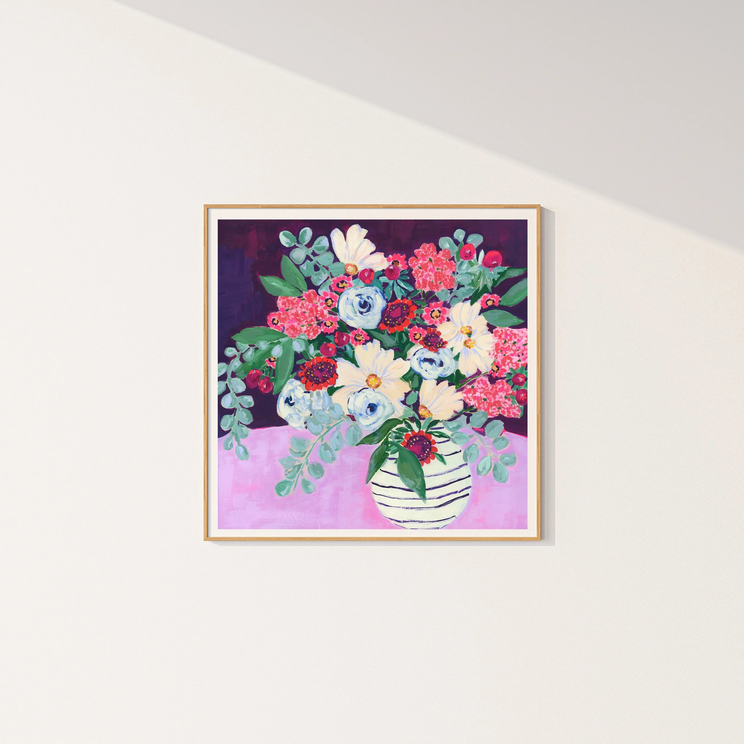 Fine art print of exuberant joy of a freshly gathered bouquet. Lush white, soft blue, and clusters of bright pink florals in a charming striped vase.