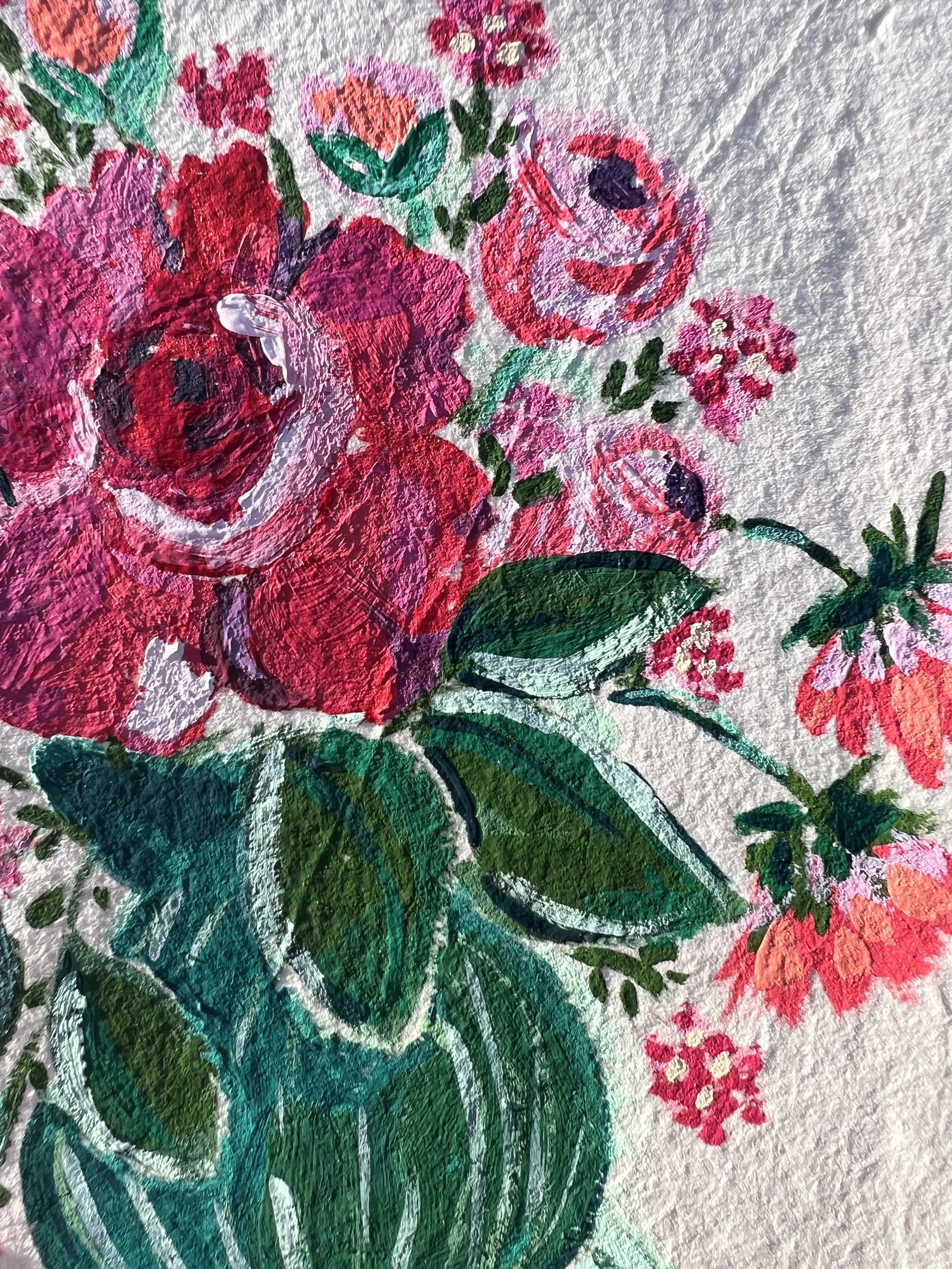 Original acryla gouache painting on handmade paper featuring a floral still life of pink and red roses.