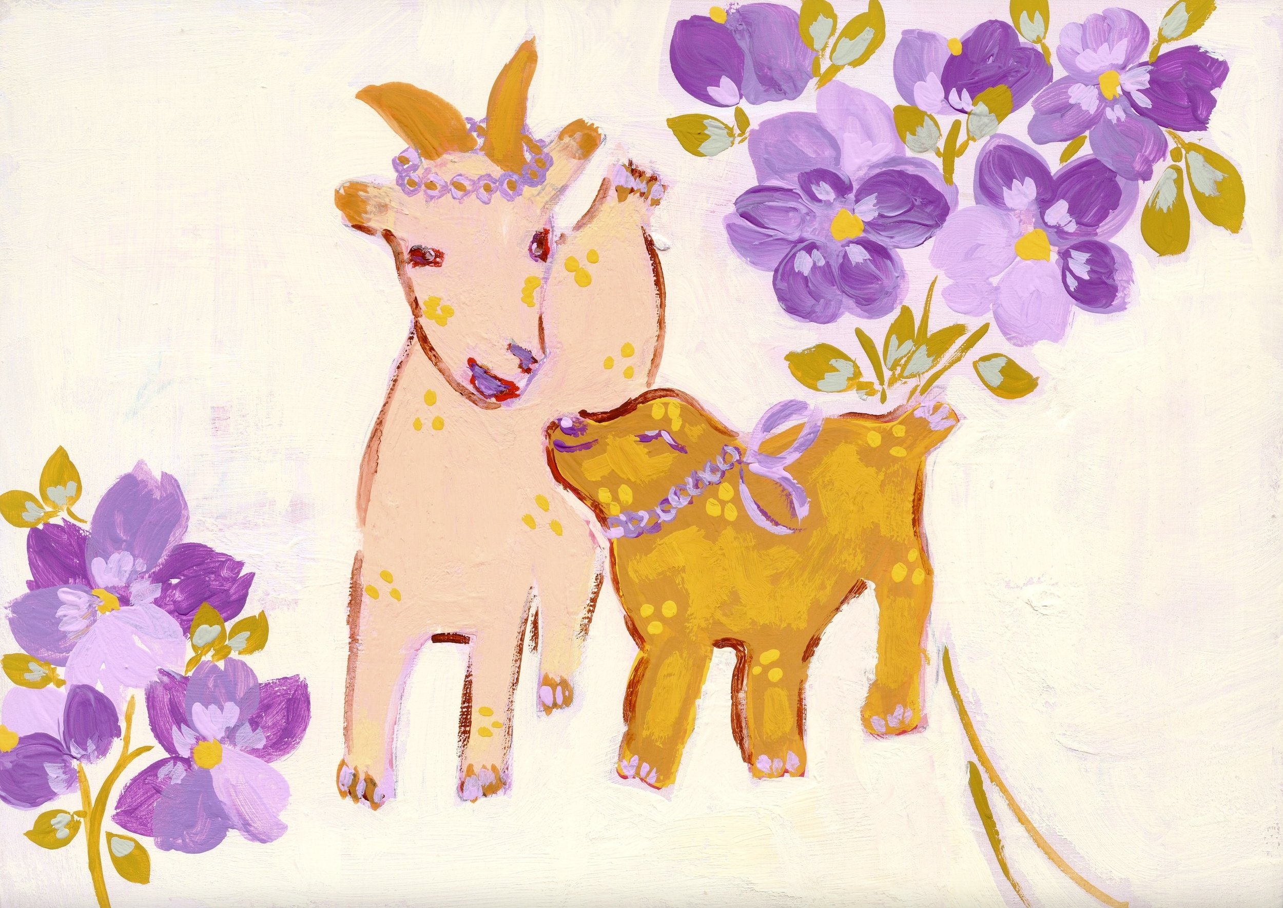 Charming painting of Mama Goat and her little one. Love and care. Loose purple flowers. Perfect for nurseries, children's rooms, or for a touch of whimsy and color.